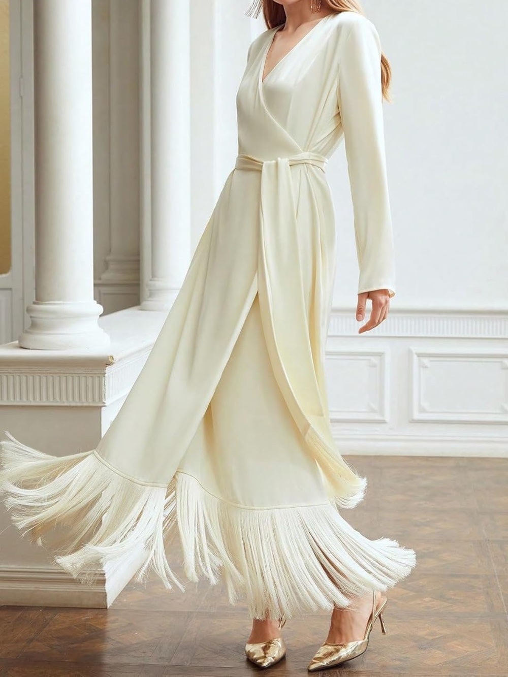 Brand new V Neck Wrap Long Sleeve Belted Satin Fringe Hem A Line Long Dress